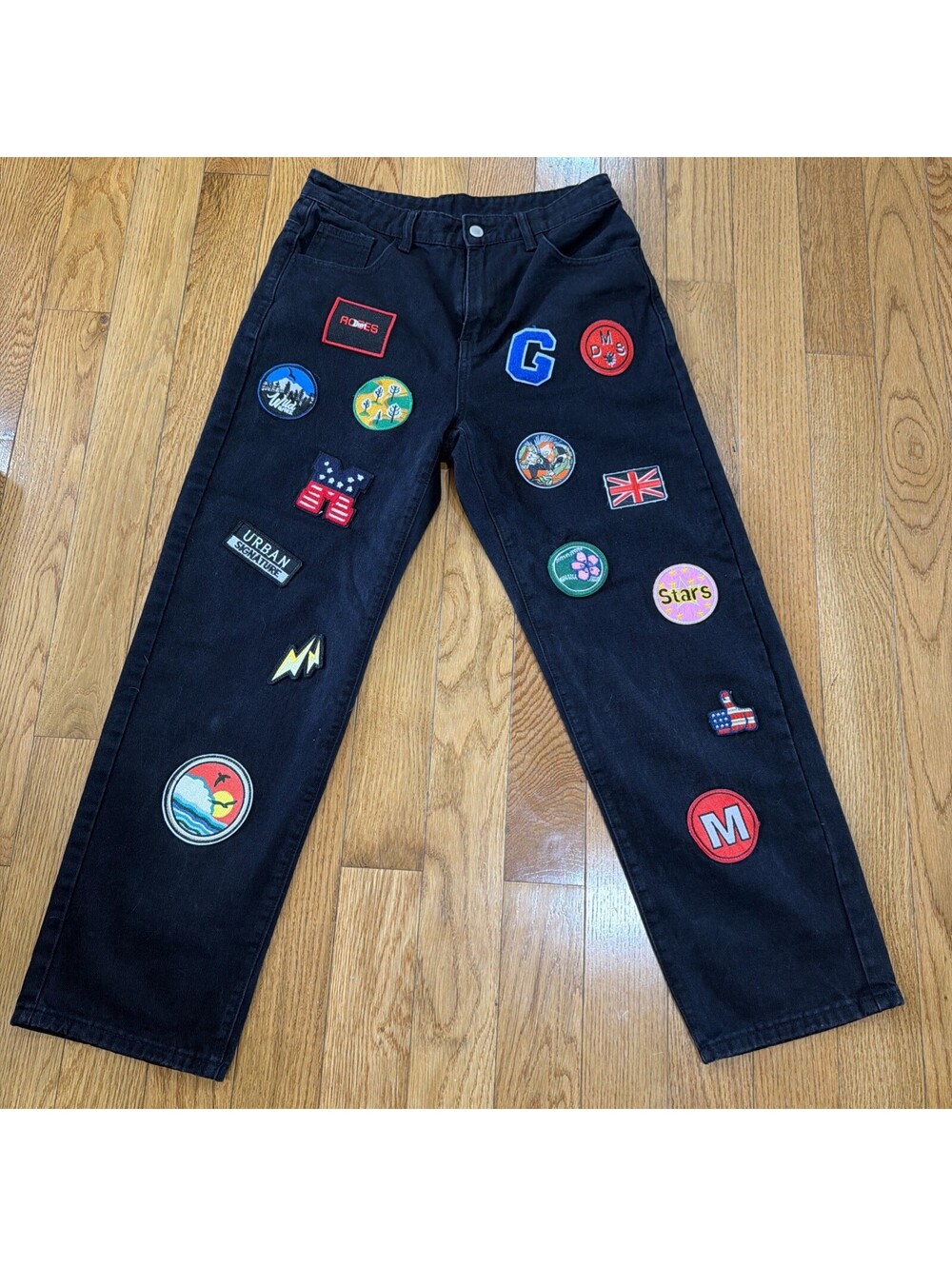 Size M Custom Patchwork Black Jeans Straight Leg Y2K Streetwear Festival Pants - Picture 2 of 5